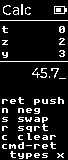 The calculator's stack: 0, 2, 3, and 45.7 being typed