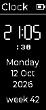 The clock: 21:05, Monday 12 Oct 2026, week 42
